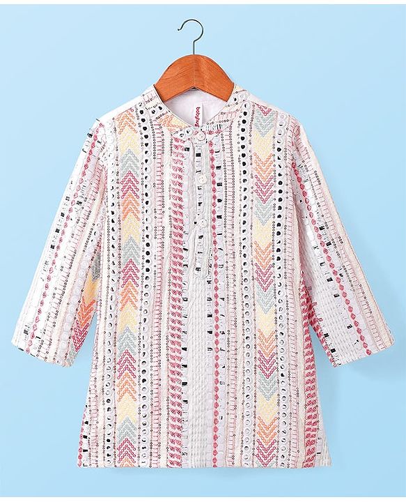 Babyhug Woven Full Sleeves Sequin Embroidered Sherwani Kurta Pyjama Set - Pink Yellow & White