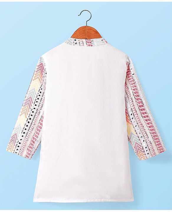 Babyhug Woven Full Sleeves Sequin Embroidered Sherwani Kurta Pyjama Set - Pink Yellow & White