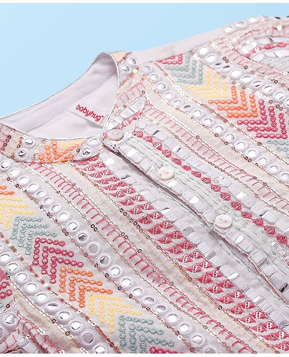 Babyhug Woven Full Sleeves Sequin Embroidered Sherwani Kurta Pyjama Set - Pink Yellow & White