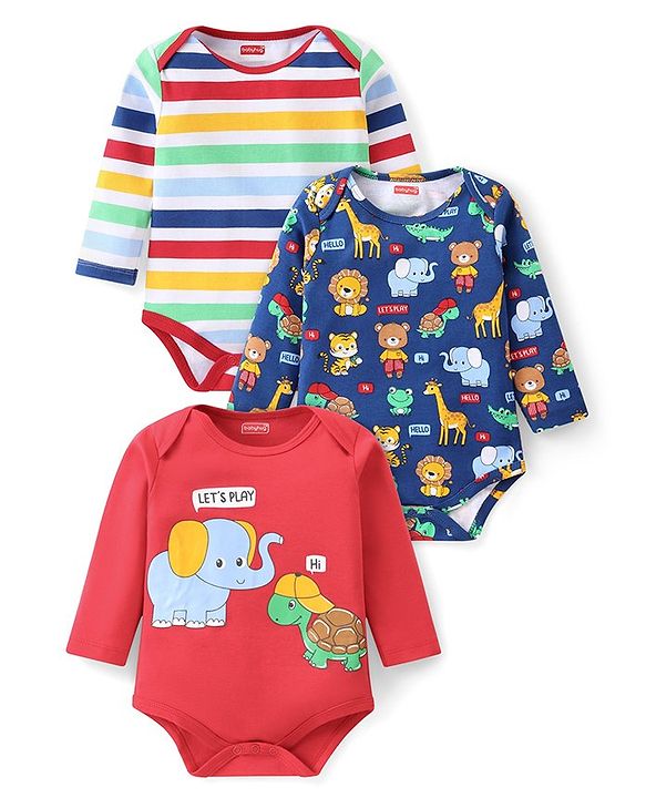 Babyhug 100% Cotton Knit Full Sleeves Striped Onesies Animal Print Pack of 3 - Navy Blue & Red