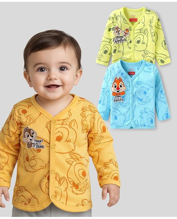 Babyhug Disney Interlock Knit Full Sleeves Front Open Jhablas With Chip N Dale Graphics Pack Of 3 - Blue & Yellow