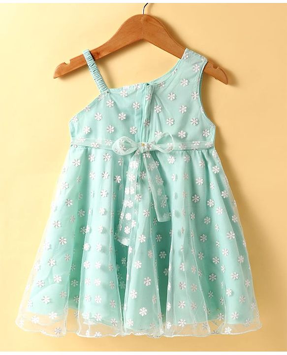 Babyhug Woven Sleeveless Party Frock With Floral Print & Bow Applique - Aqua Blue