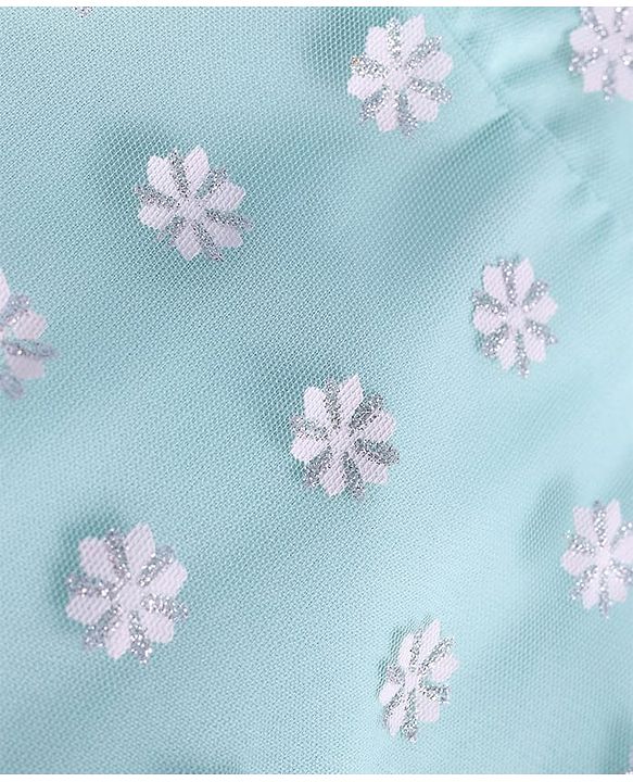 Babyhug Woven Sleeveless Party Frock With Floral Print & Bow Applique - Aqua Blue
