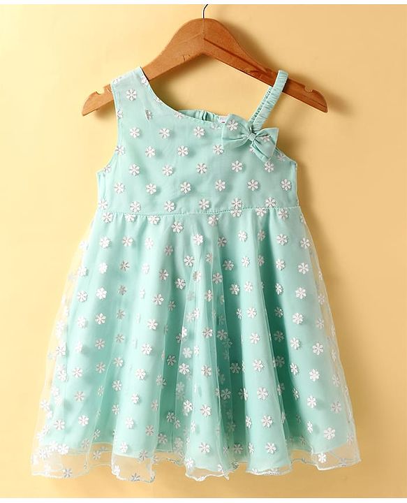 Babyhug Woven Sleeveless Party Frock With Floral Print & Bow Applique - Aqua Blue