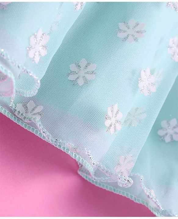 Babyhug Woven Sleeveless Party Frock With Floral Print & Bow Applique - Aqua Blue