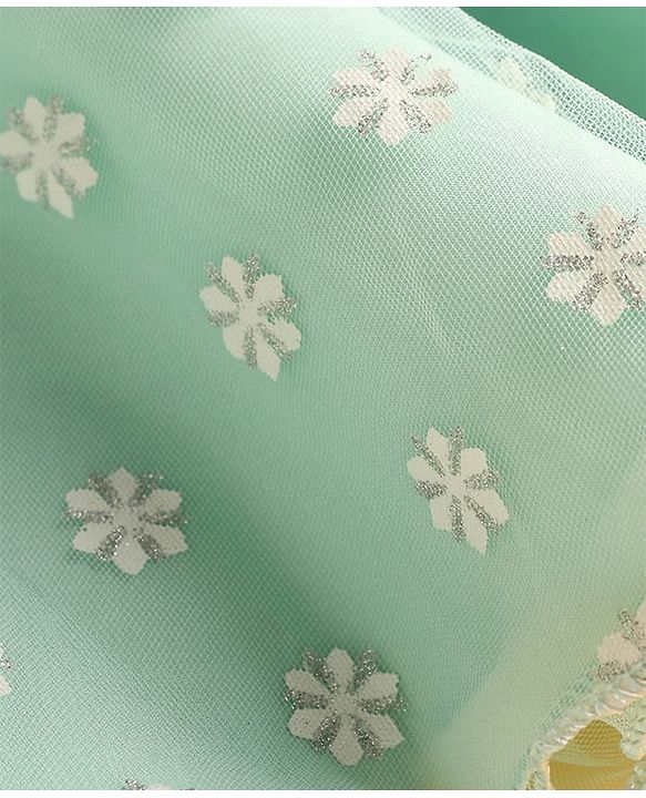 Babyhug Woven Sleeveless Party Frock With Floral Print & Bow Applique - Aqua Blue