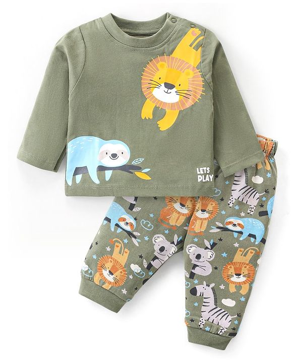 Babyhug Cotton Knit Full Sleeve Night Suit with Animals Print - Olive Green