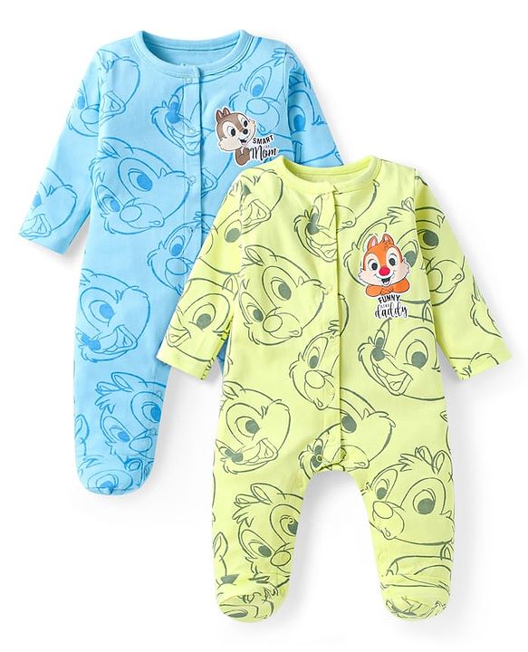 Babyhug Disney Interlock Knit Full Sleeves Footed Sleepsuits With Chip N Dale Print Pack Of 2 -  Light Blue Green
