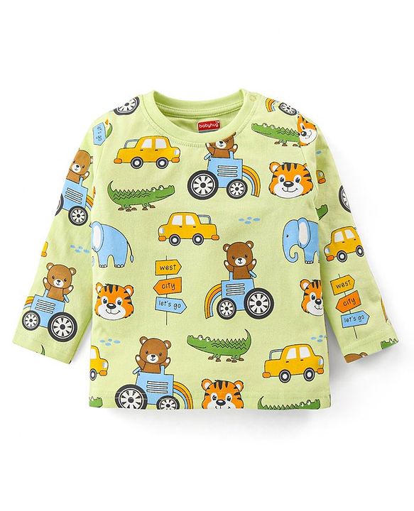 Babyhug Cotton Knit Full Sleeves Night Suit with Vehicle Print - Green