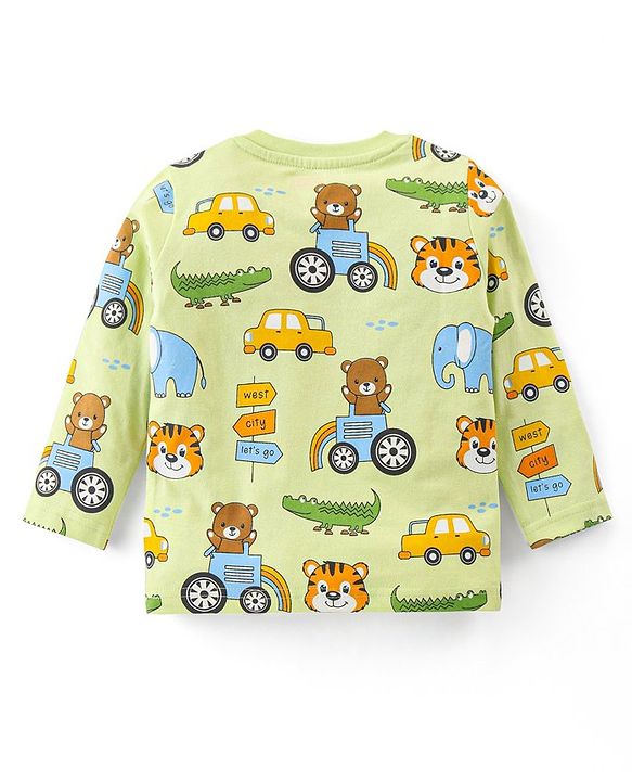 Babyhug Cotton Knit Full Sleeves Night Suit with Vehicle Print - Green