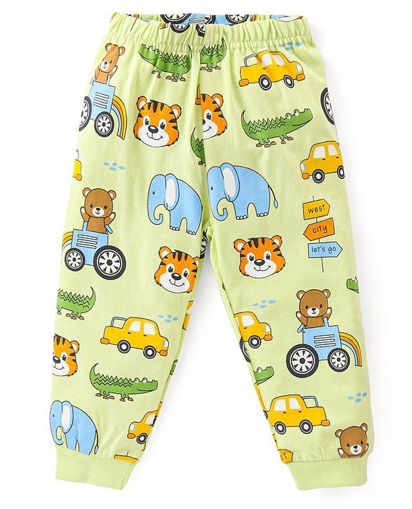Babyhug Cotton Knit Full Sleeves Night Suit with Vehicle Print - Green