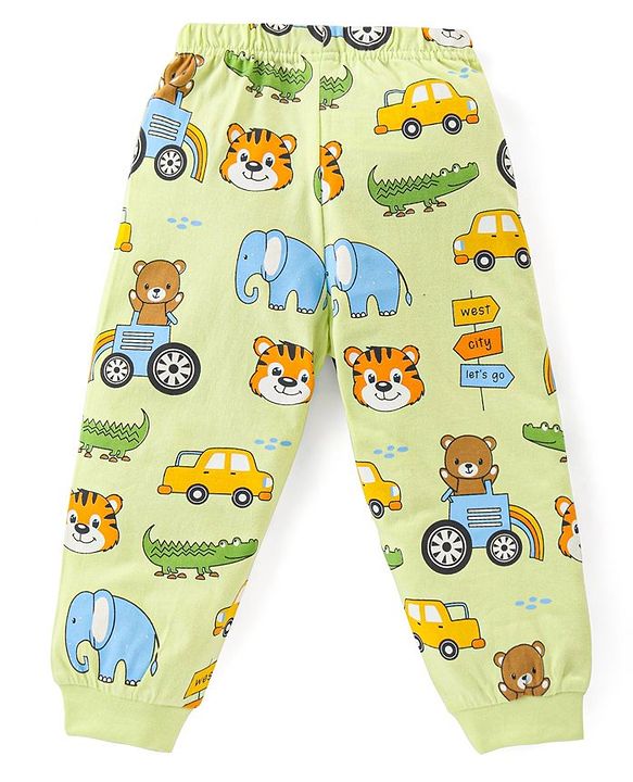 Babyhug Cotton Knit Full Sleeves Night Suit with Vehicle Print - Green