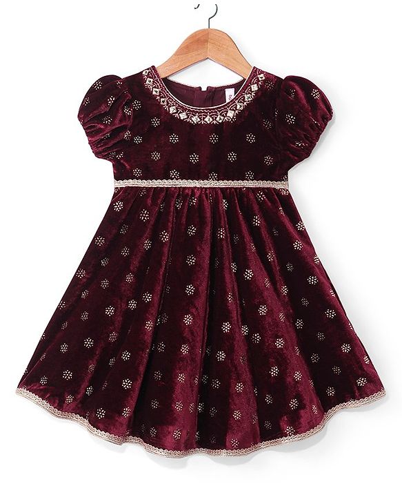 Babyhug Woven Velvet Puffed Sleeves Foil Printed Embroidered Ethnic Dress - Maroon