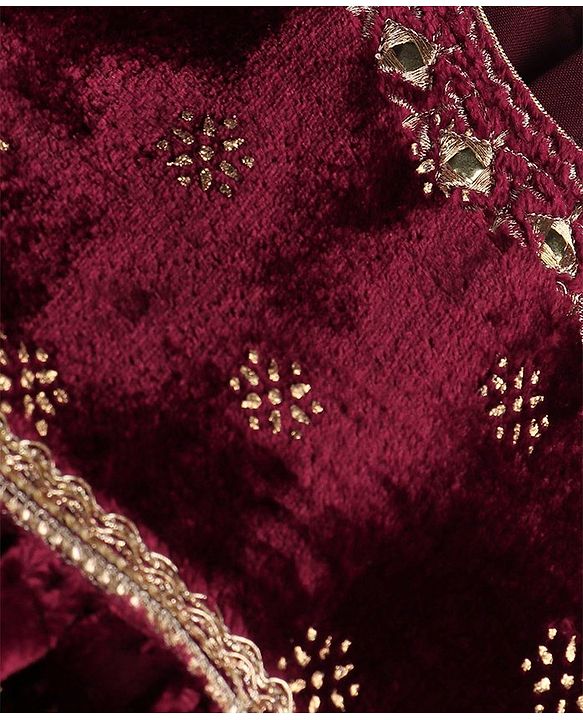 Babyhug Woven Velvet Puffed Sleeves Foil Printed Embroidered Ethnic Dress - Maroon