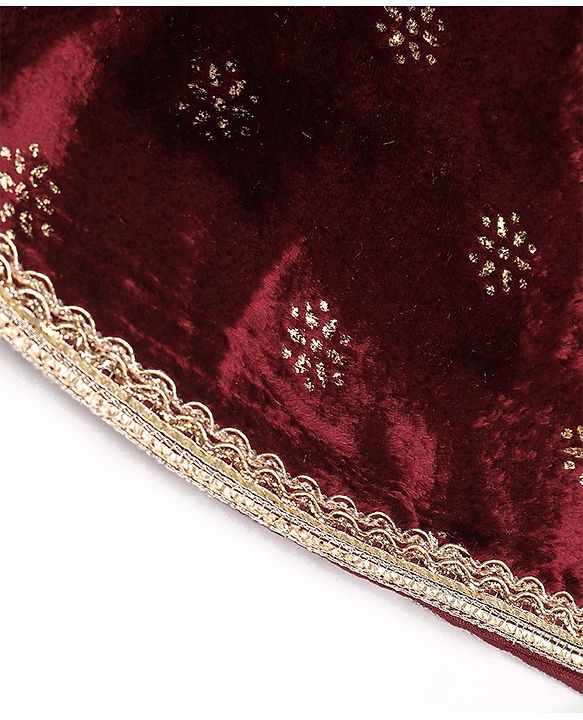 Babyhug Woven Velvet Puffed Sleeves Foil Printed Embroidered Ethnic Dress - Maroon