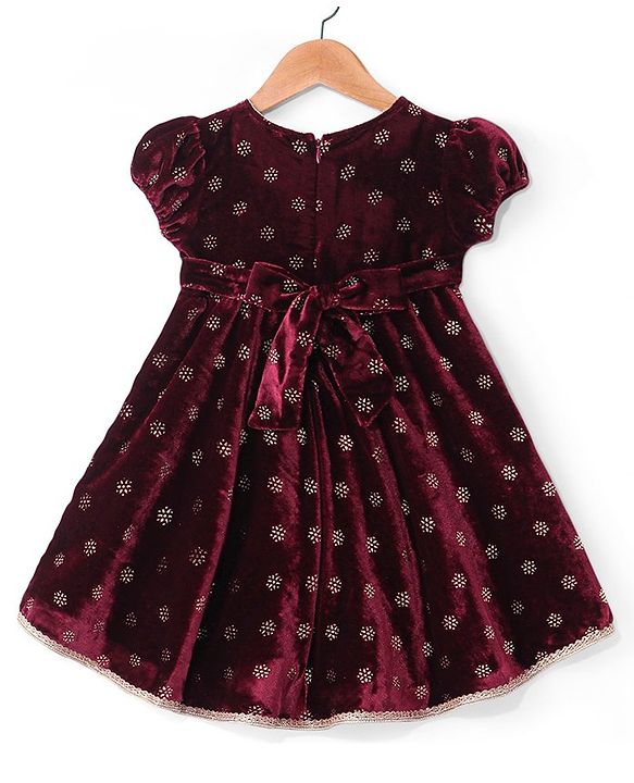 Babyhug Woven Velvet Puffed Sleeves Foil Printed Embroidered Ethnic Dress - Maroon