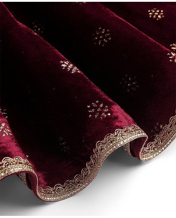 Babyhug Woven Velvet Puffed Sleeves Foil Printed Embroidered Ethnic Dress - Maroon