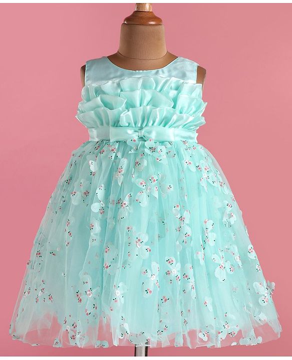 Babyhug Woven Sleeveless Fit & Flare Party Frock with Floral 3D Applique - Turquoise