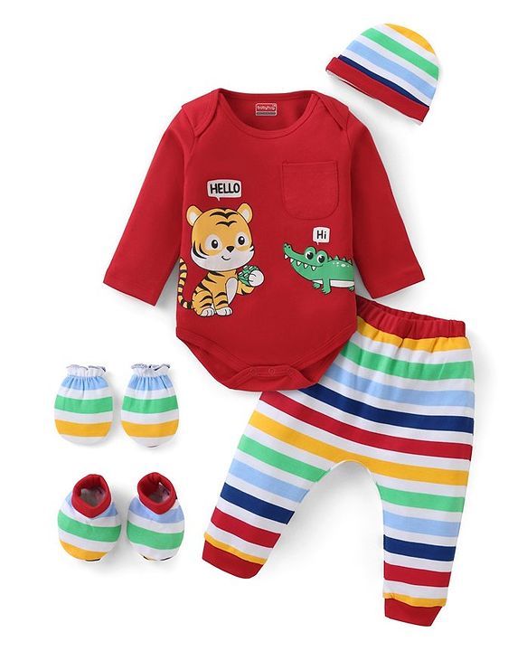 Babyhug 100% Cotton Knit Full Sleeves Onesies with Striped Leggings Cap Mittens & Booties Animal Print - Red