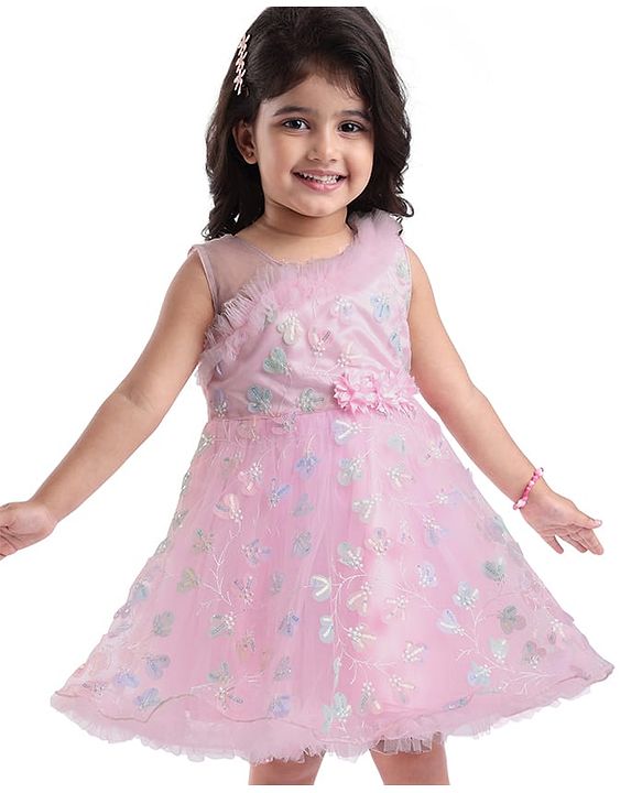 Babyhug Woven Sleeveless Fit & Flared Party Frock with Corsage Applique & Sequin Embroidery - Baby Pink