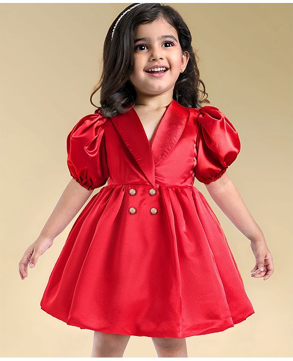 Babyhug Woven Half Puffed Sleeves Fit & Flared Solid Colour Collared Party Frock with Applique  - Red