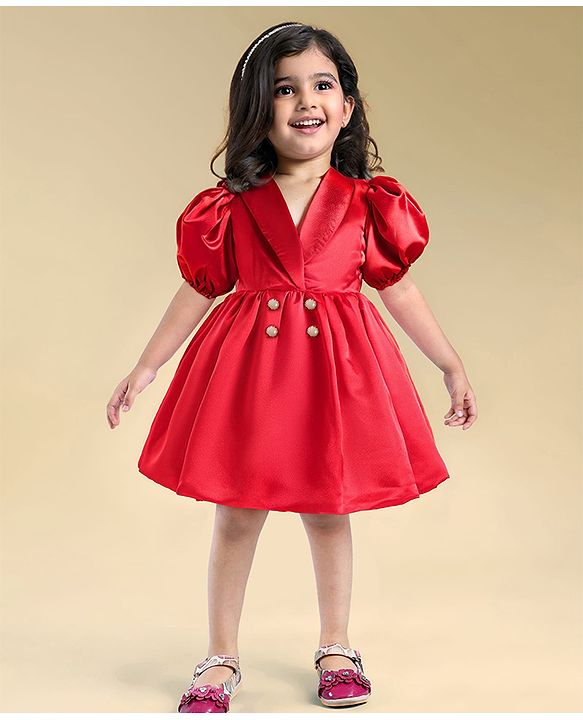 Babyhug Woven Half Puffed Sleeves Fit & Flared Solid Colour Collared Party Frock with Applique  - Red