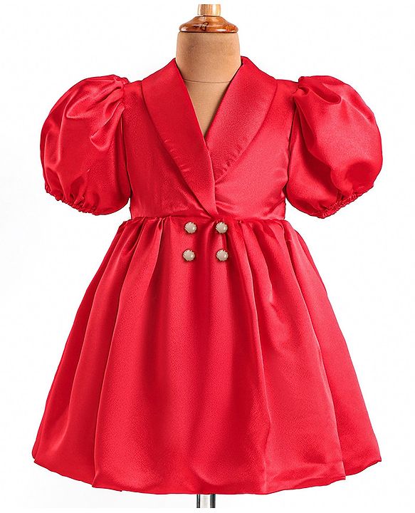 Babyhug Woven Half Puffed Sleeves Fit & Flared Solid Colour Collared Party Frock with Applique  - Red