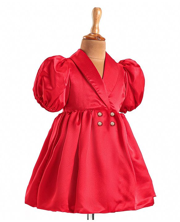 Babyhug Woven Half Puffed Sleeves Fit & Flared Solid Colour Collared Party Frock with Applique  - Red
