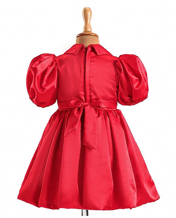 Babyhug Woven Half Puffed Sleeves Fit & Flared Solid Colour Collared Party Frock with Applique  - Red