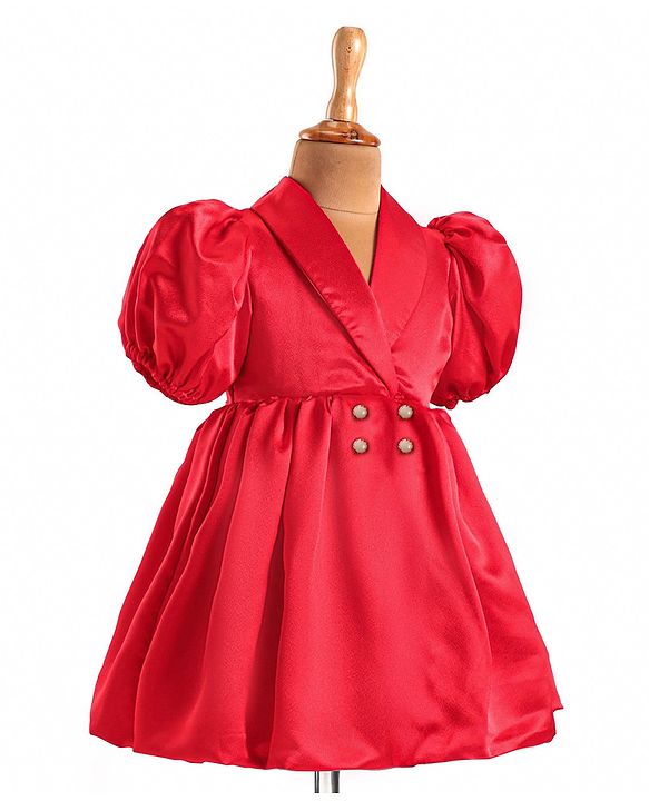Babyhug Woven Half Puffed Sleeves Fit & Flared Solid Colour Collared Party Frock with Applique  - Red