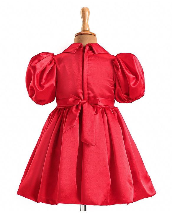 Babyhug Woven Half Puffed Sleeves Fit & Flared Solid Colour Collared Party Frock with Applique  - Red