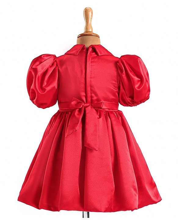 Babyhug Woven Half Puffed Sleeves Fit & Flared Solid Colour Collared Party Frock with Applique  - Red
