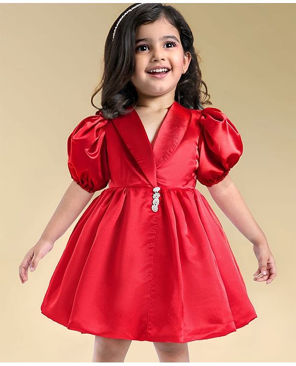 Babyhug Woven Half Puffed Sleeves Fit & Flared Solid Colour Collared Party Frock with Applique  - Red