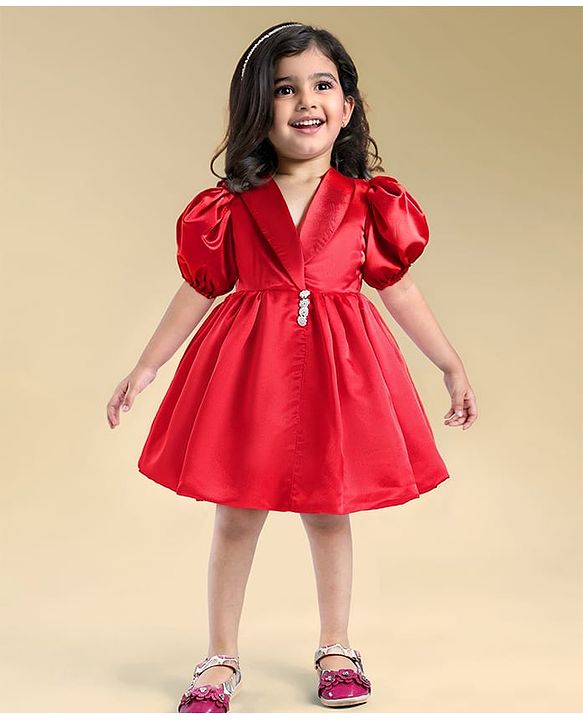 Babyhug Woven Half Puffed Sleeves Fit & Flared Solid Colour Collared Party Frock with Applique  - Red