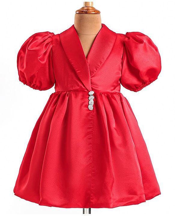 Babyhug Woven Half Puffed Sleeves Fit & Flared Solid Colour Collared Party Frock with Applique  - Red