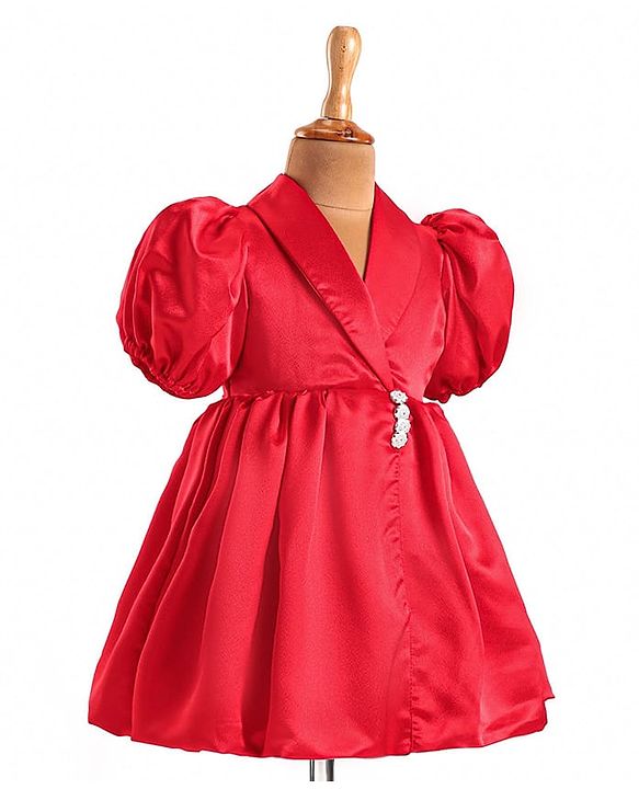 Babyhug Woven Half Puffed Sleeves Fit & Flared Solid Colour Collared Party Frock with Applique  - Red