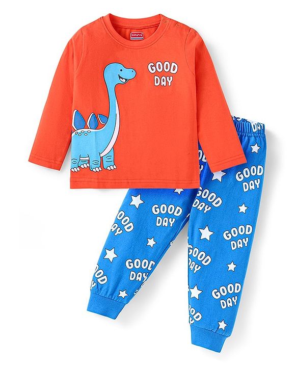 Babyhug Cotton Knit Full Sleeves Night Suit With Dino Print - Red & Blue
