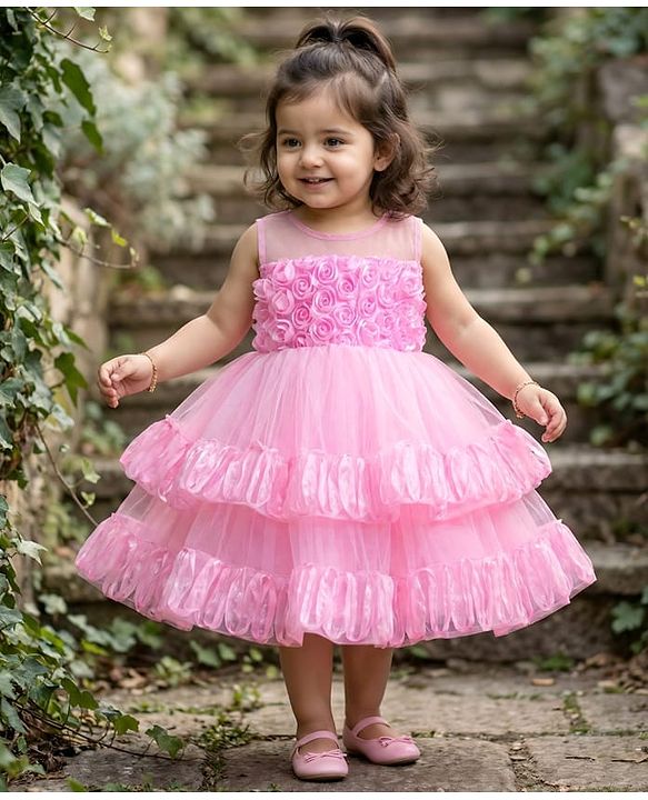 Babyhug Woven Sleeveless Fit & Flared Layered Textured Party Dress with Floral Applique - Pink