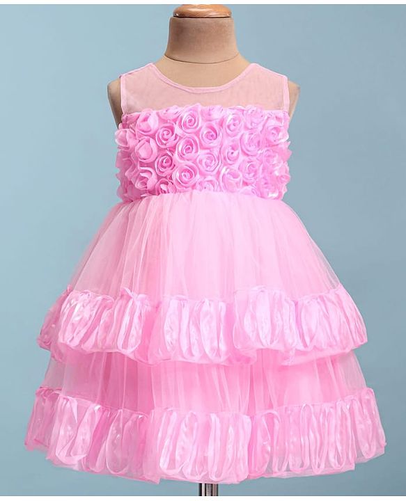 Babyhug Woven Sleeveless Fit & Flared Layered Textured Party Dress with Floral Applique - Pink