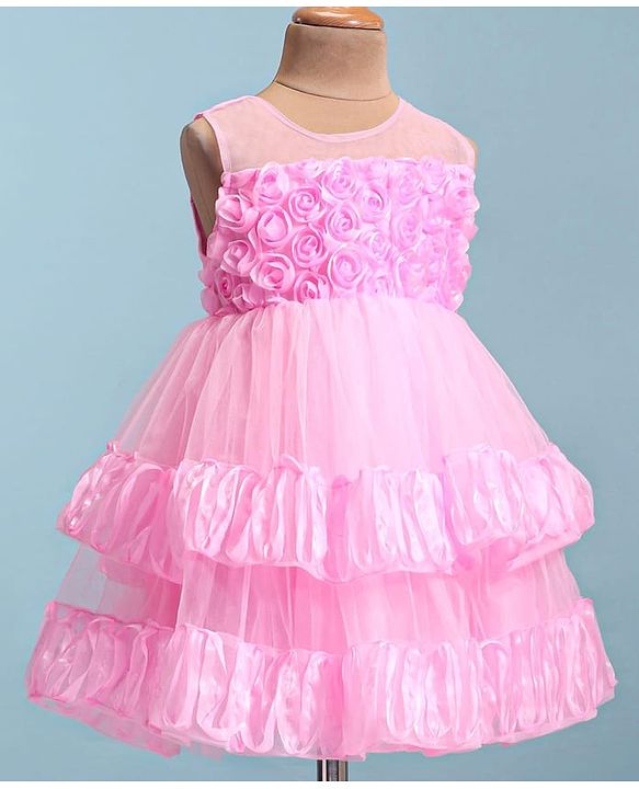 Babyhug Woven Sleeveless Fit & Flared Layered Textured Party Dress with Floral Applique - Pink