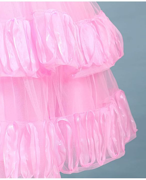 Babyhug Woven Sleeveless Fit & Flared Layered Textured Party Dress with Floral Applique - Pink
