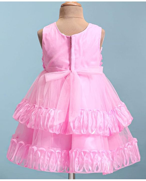Babyhug Woven Sleeveless Fit & Flared Layered Textured Party Dress with Floral Applique - Pink