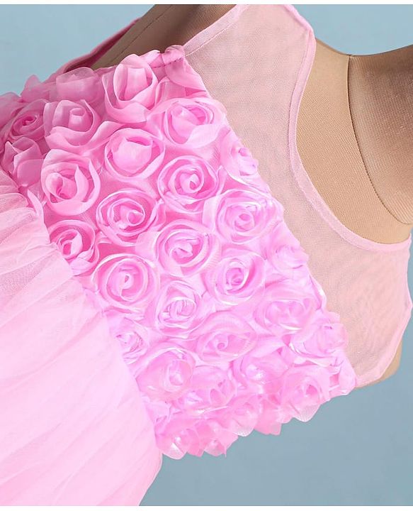 Babyhug Woven Sleeveless Fit & Flared Layered Textured Party Dress with Floral Applique - Pink