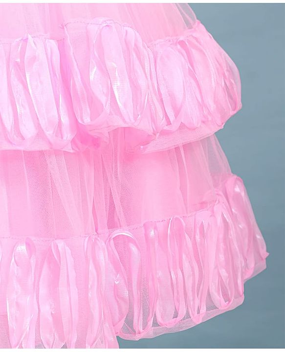 Babyhug Woven Sleeveless Fit & Flared Layered Textured Party Dress with Floral Applique - Pink