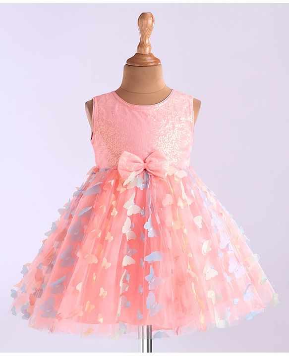 Babyhug Woven Full Sleeves Party Frock With Sequin Embroidery & Floral & Butterfly Applique - Pink