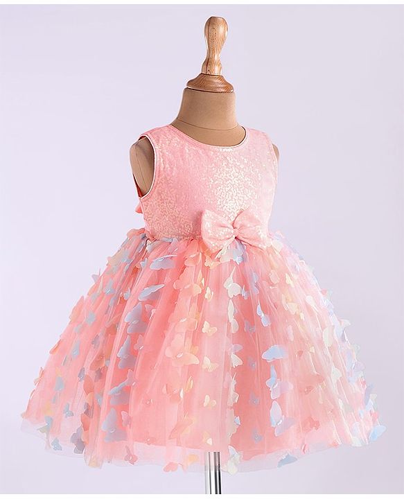 Babyhug Woven Full Sleeves Party Frock With Sequin Embroidery & Floral & Butterfly Applique - Pink