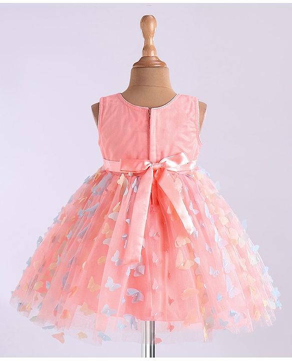 Babyhug Woven Full Sleeves Party Frock With Sequin Embroidery & Floral & Butterfly Applique - Pink