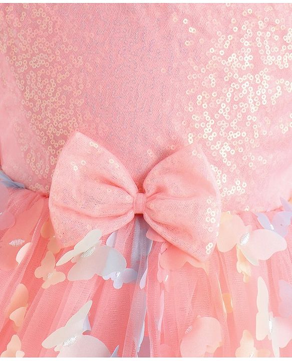 Babyhug Woven Full Sleeves Party Frock With Sequin Embroidery & Floral & Butterfly Applique - Pink