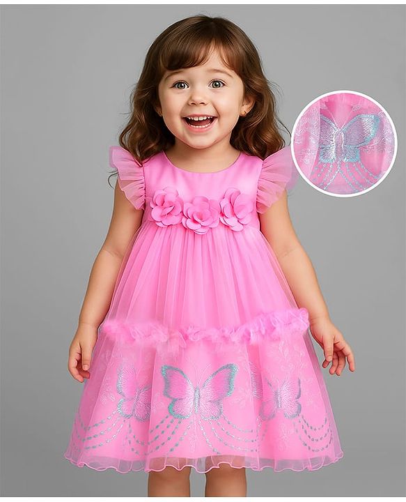 Babyhug Single Jersey Knit Frill Sleeves Frock With Floral Print - Red main image 1