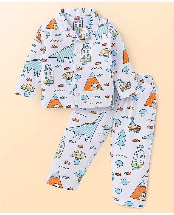 Babyhug Cotton Woven Full Sleeves Night Suit with Dino Print - White